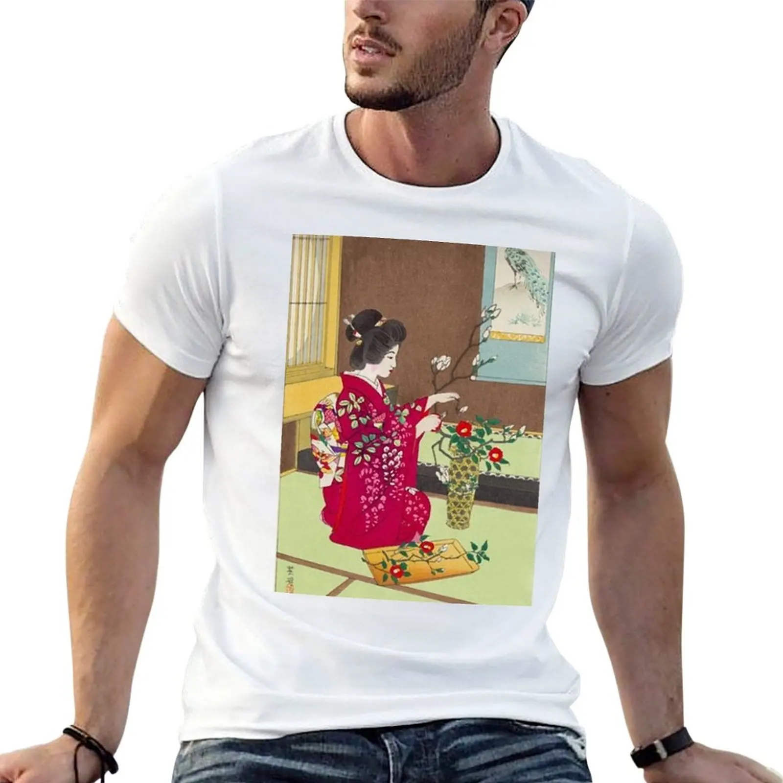 Ikebana Flowers Japan Kimono Japanese Lady T-Shirt Labor Work Casual T-Shirt