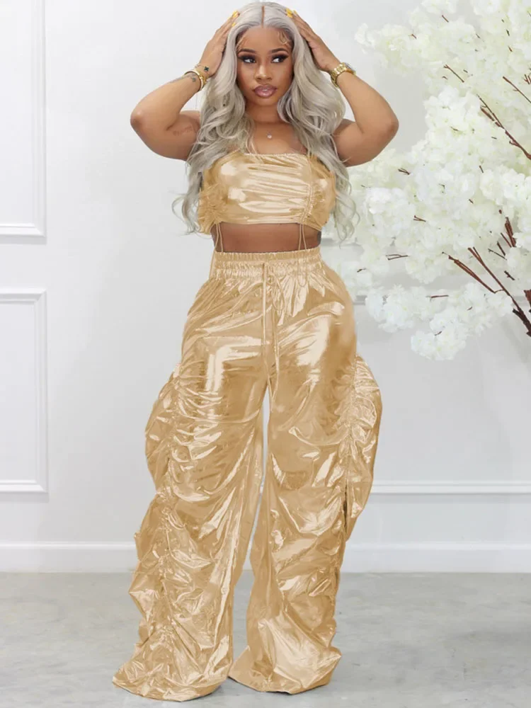 Gold Sliver Metallic Birthday Outfits for Women Two Peice Sets Club Party Crop Top and Pants Streetwear Hip Hop Festival Outfit