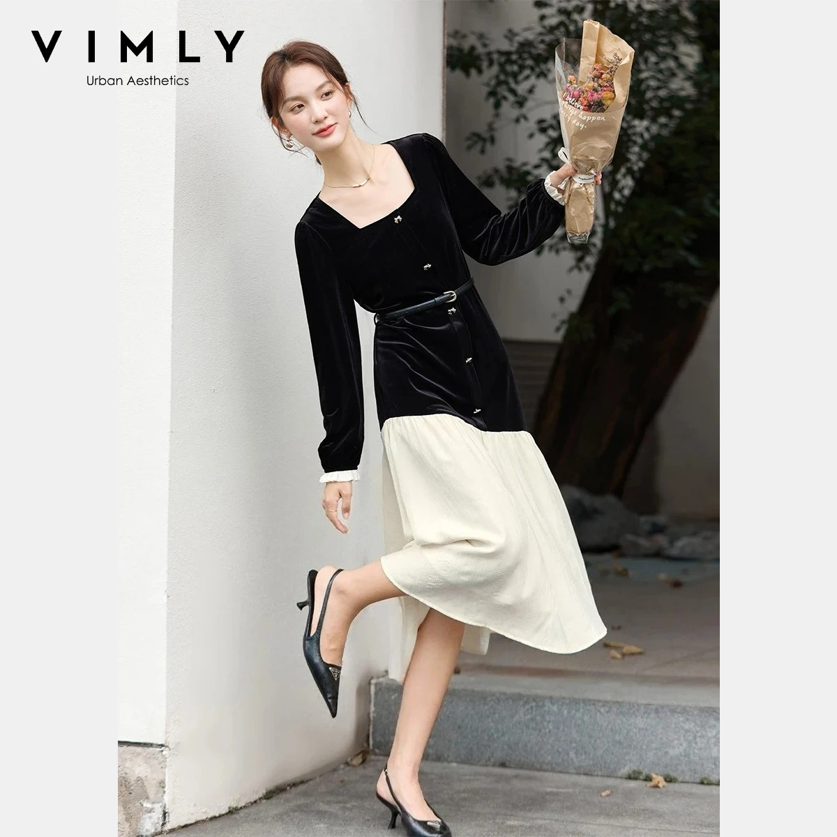

VIMLY Women's Black Velvet Dress French Style Square Neck Long Dresses 2025 Autumn Contrast Color A-line Ladies Dresses A3358