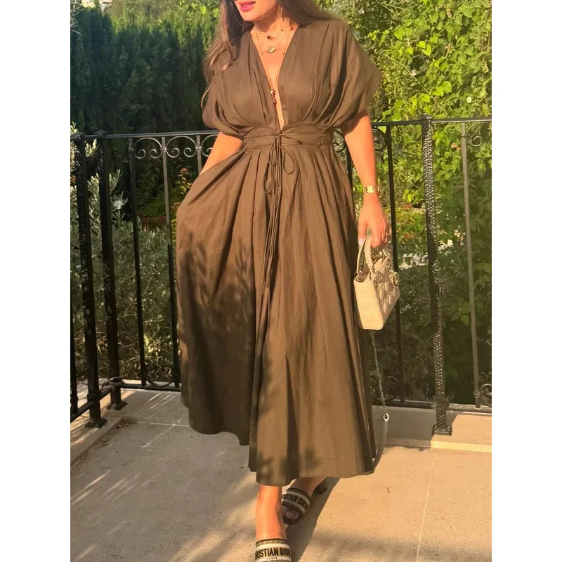 Sukienka damska w stylu retro z wiązaniem w talii, krótki rękaw, guziki, letnia moda, elegancka sukienka w stylu high street 2025