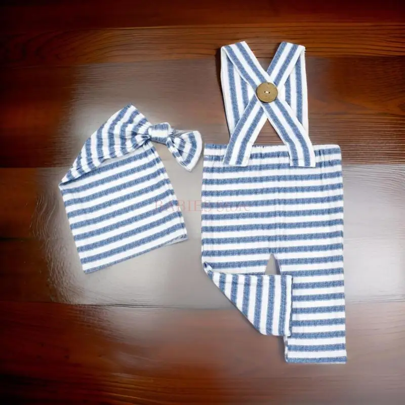 Infants Photo Shoots Apparel Set Adjustable Stripe Romper and Knotted Hat Photography Props for Baby Pictures Taking