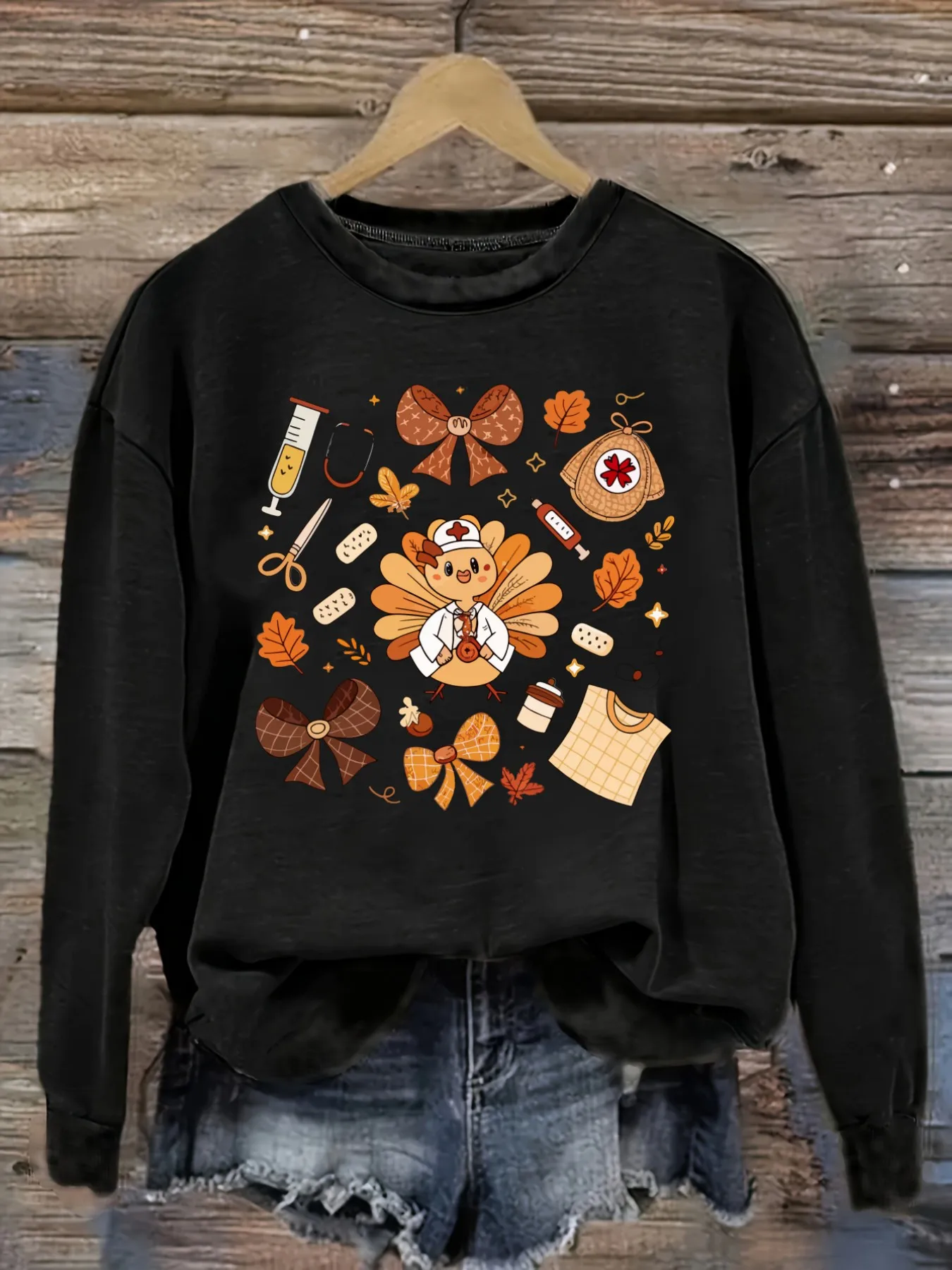 Camiseta Casual de Manga Larga con Cuello Redondo para Mujer, Diseño con Patrón de Enfermera Turca para Otoño, Ropa de Mujer con Cuello Redondo, Lavable a Máquina, Ligeramente Elástica, Corte Holgado, Camiseta para Mujer para Primavera, Otoño e Invierno, Disfraz de Halloween.