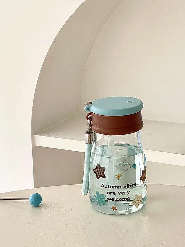 

Portable High Borosilicate Glass Coffee Cup with Straw Cute Women's Water Bottle Heat Resistant round Cylinder Shape Drinkware