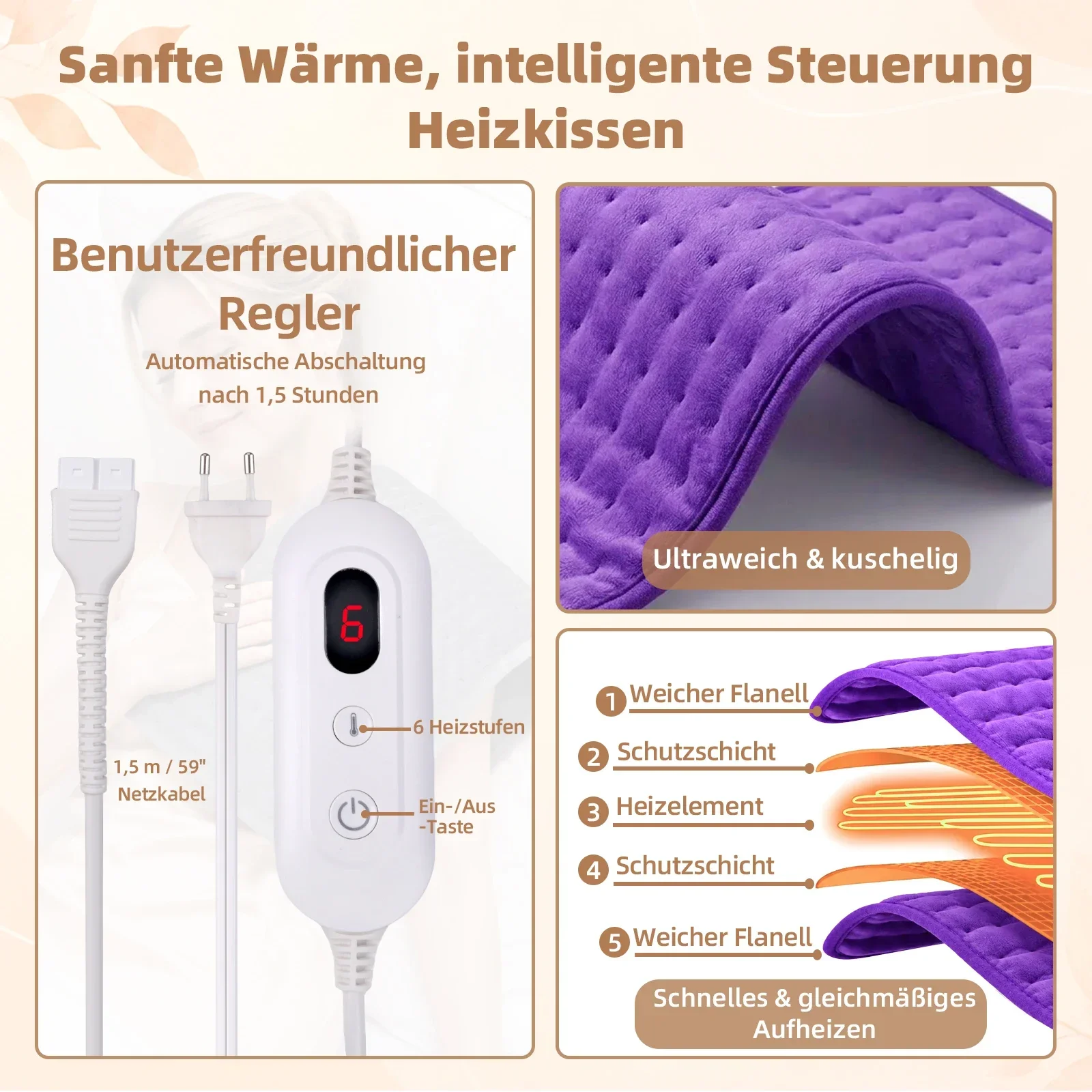 Electric heating pad for back pain relief,6 temeprature settings & auto off ,machine washable thermal heat pad for neck shoulder