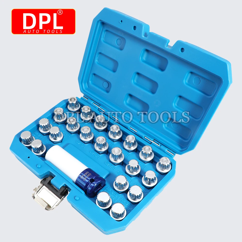 23-teiliges Radmuttern-Diebstahlschutz-Set mit Schraubenhülsen und Schlüssel für Volkswagen AUDI, 1/2 Zoll (12,7 mm) Steckschlüsseladapter – Detail 2