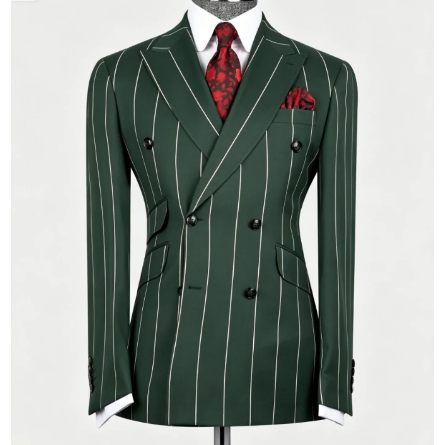 Dark Green White Pinstripe Shawl Lapel Double Breasted Gold Buttons Blazer Pants Set Breathable Fabric Wedding Guest Customized