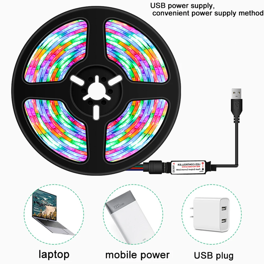 USB RGB LED Strip Light 5V SMD2835 remote control 16 colors flexible lamp DIY room TV Background computer Decoration Lighting