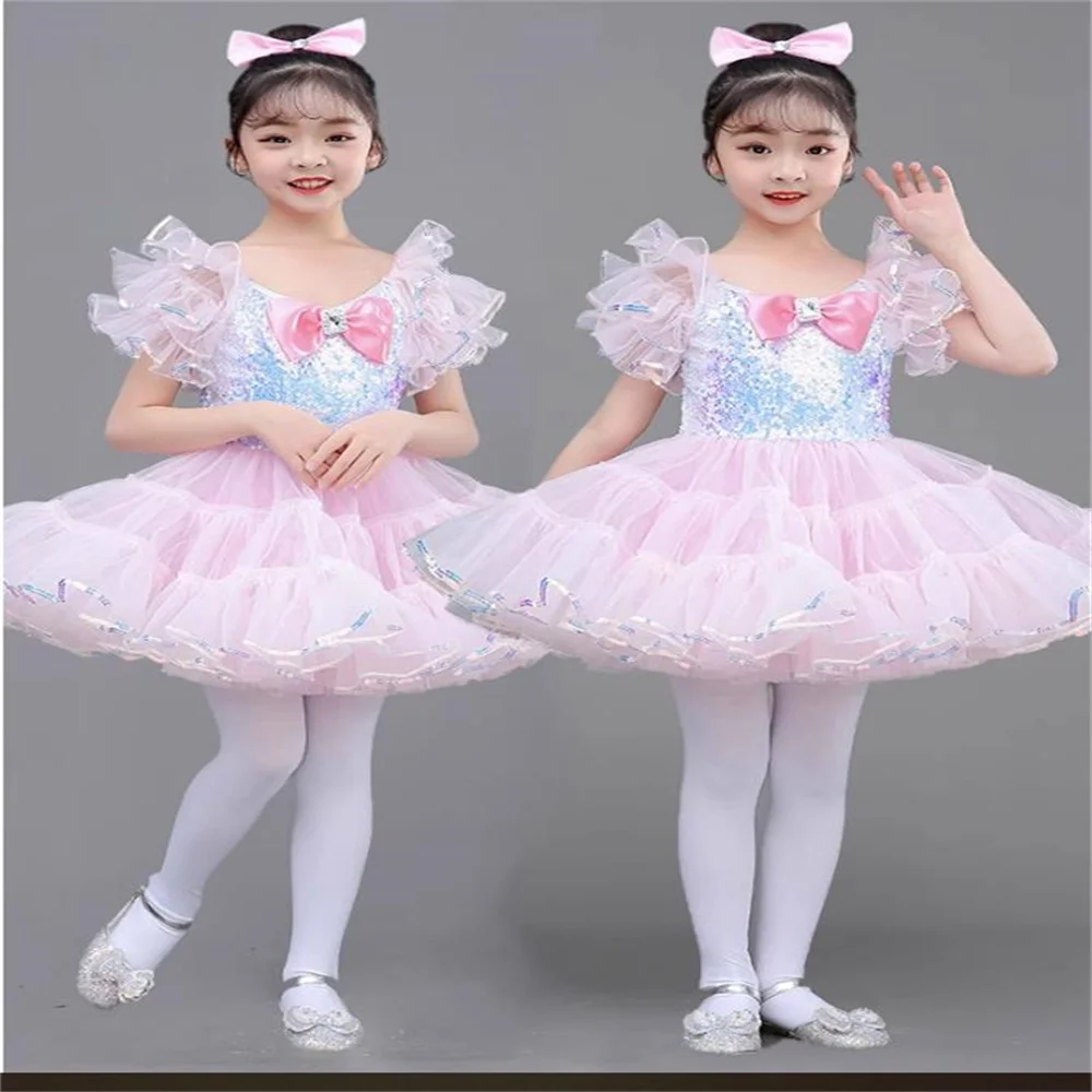 Tutú de Ballet profesional clásico para niños, vestido de princesa con lentejuelas, trajes de escenario de Ballet rosa para niñas, vestido de espectáculo para niñas