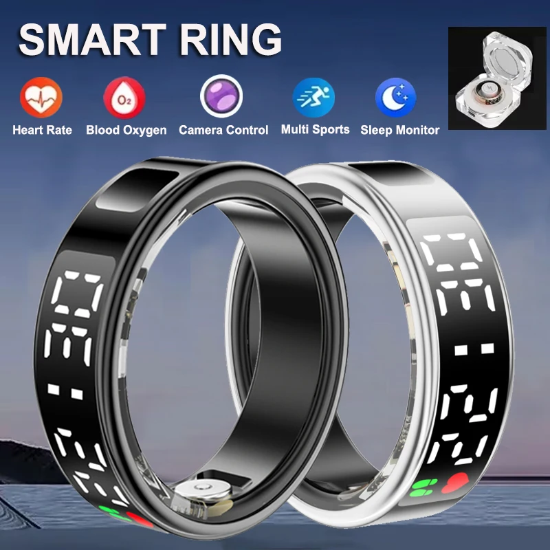 Fitness Sleep Smart Ring LED Display Screen Heart Rate Blood Oxygen Monitoring Outdoor Sports Modes IP68 & 5ATM Waterproof Ring