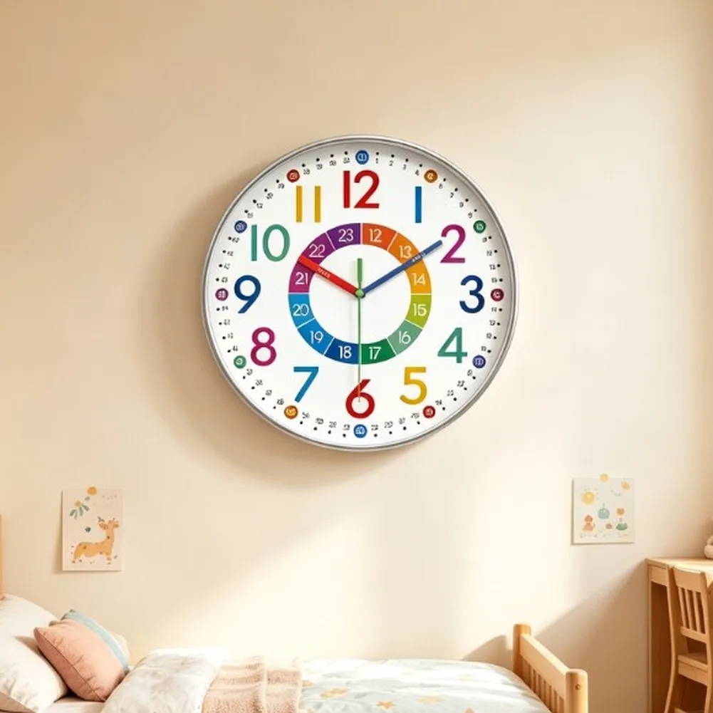 Wall Clock 8 Inch Silent Quartz Design Colorful Number Layout for Time Learning and Cheerful Room Decoration at Home School