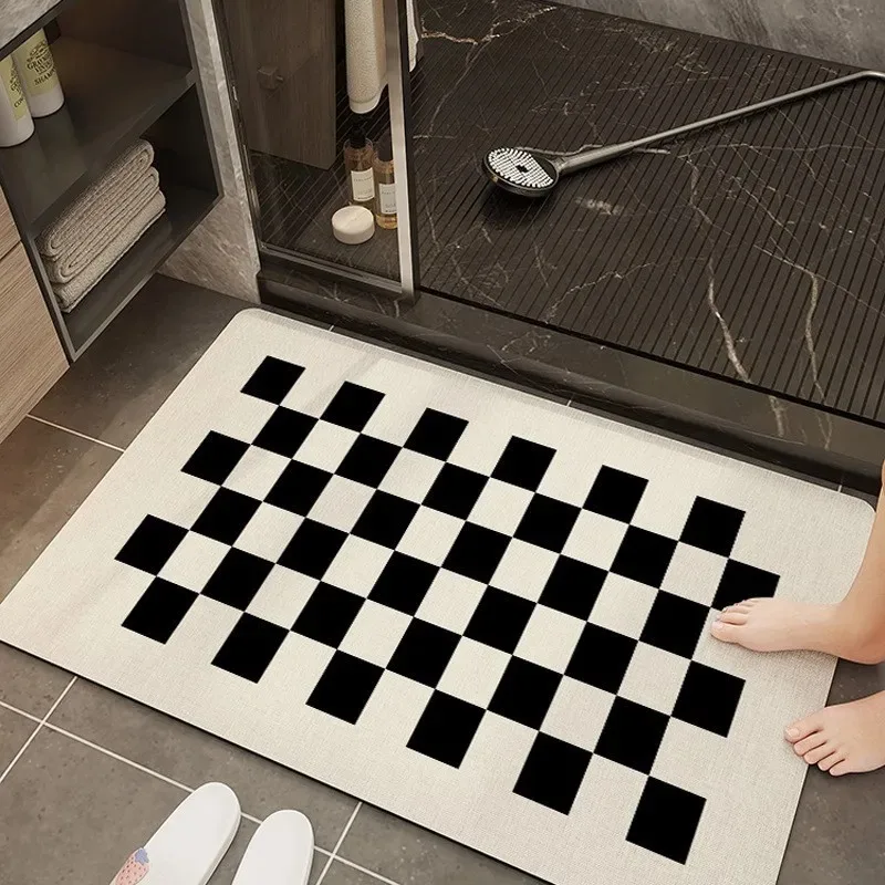 Checkerboard Grid Non Slip Kitchen Bath Mat Diatom Mud Super Absorbent Home Carpet Waterproof Bedroom Rugs for Living Room Decor