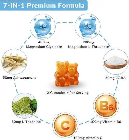 Gomme glycinate de magnésium avec L-thréonine, contient de la plante anglaise sud-africaine, de la L-théanine, du GABA, de la vitamine C, des dieux