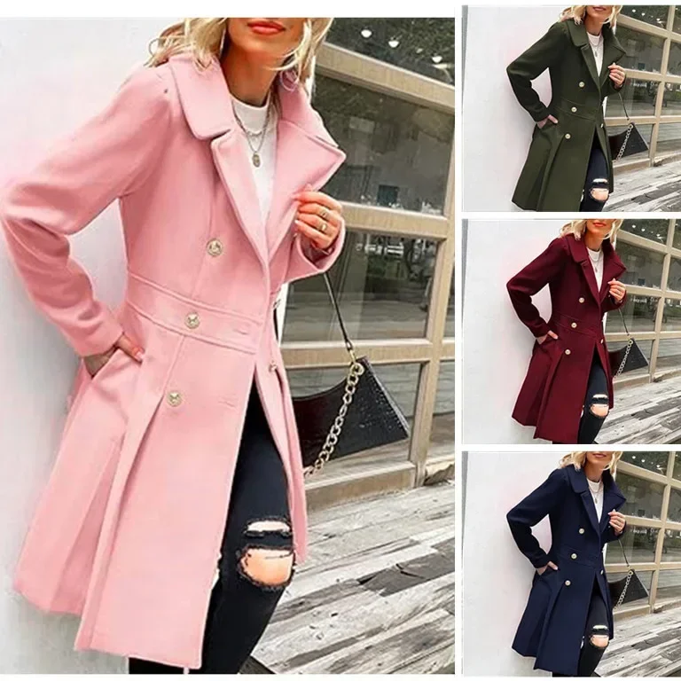

Solid Color Long Woolen Coat Women's Double Breasted Fashion Casual Long Sleeve Coat Trench