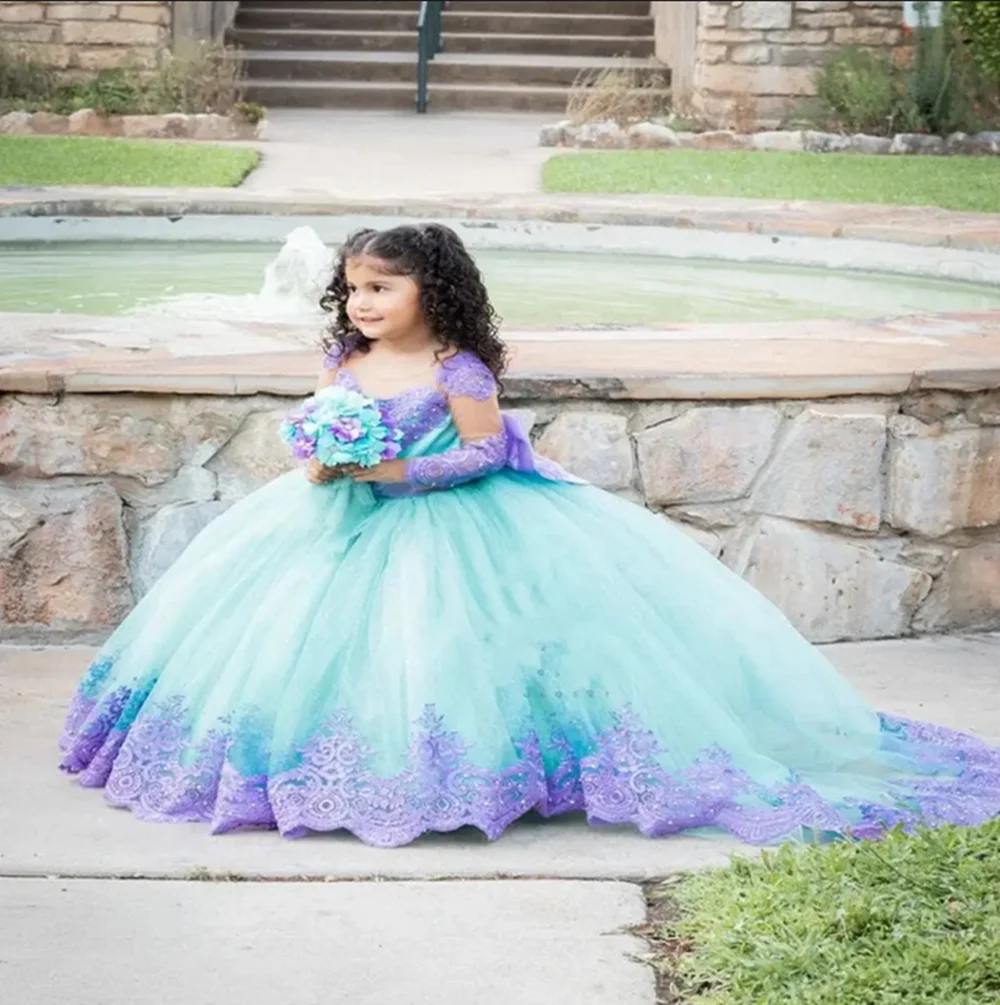 Flower Girl Dresses Elegant Party Dress For Kids Girl Princess Tulle Appliques Ball Gown Vestidos