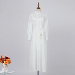 French Elegant Lace Embroidery Spliced Prom Long Dress Women's Stand Lantern Sleeve High Waist Belt Hollow Out Summer Clothing
