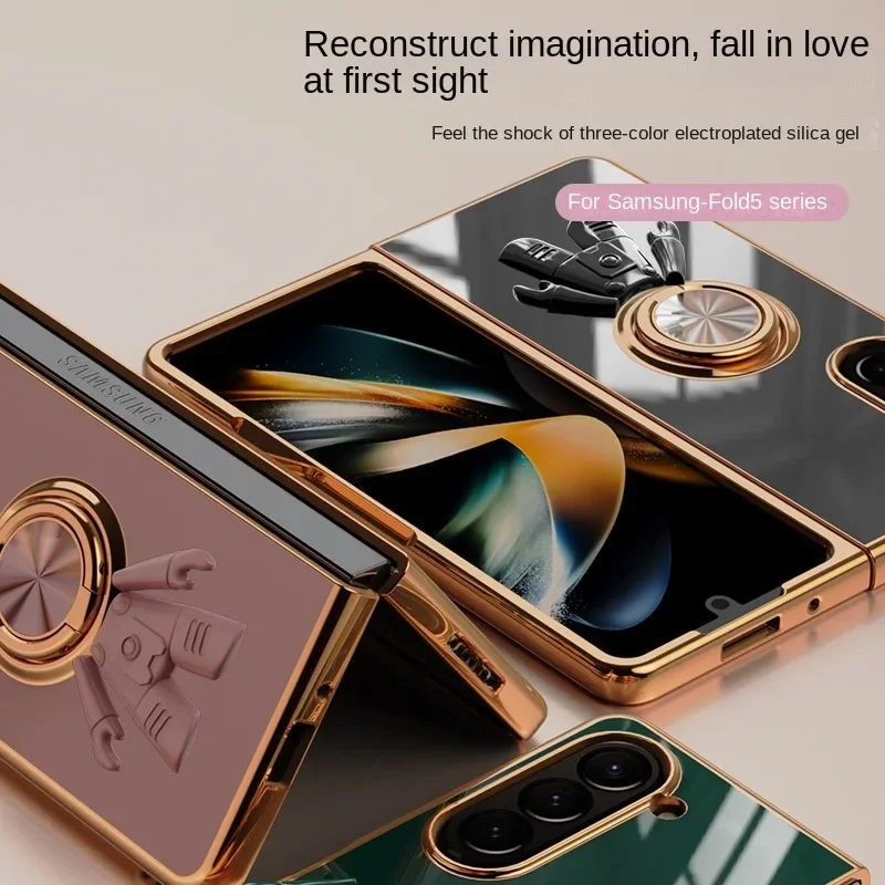 Electroplating 6D Astronaut Phone Case for Samsung Galaxy Z Fold 7 6 5 4 Fold6 Fold5 Fold4 Magnetic Ring Holder Shockproof Cover