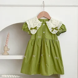 Summer Korean Baby Girl Dress 1-6Yrs Girls Green Dress Embroidery Version Children's Fresh Cute Princess Dress Stylish Bow Dress