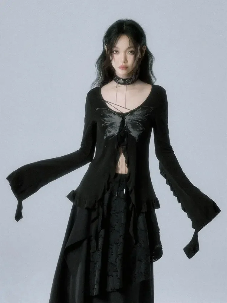 

Women Fashion Two Pieces Set Vintage Bandage Butterfly Print T-shirts + Autumn Y2k Aesthetic Slim Streetwear Casual Skirts Femme