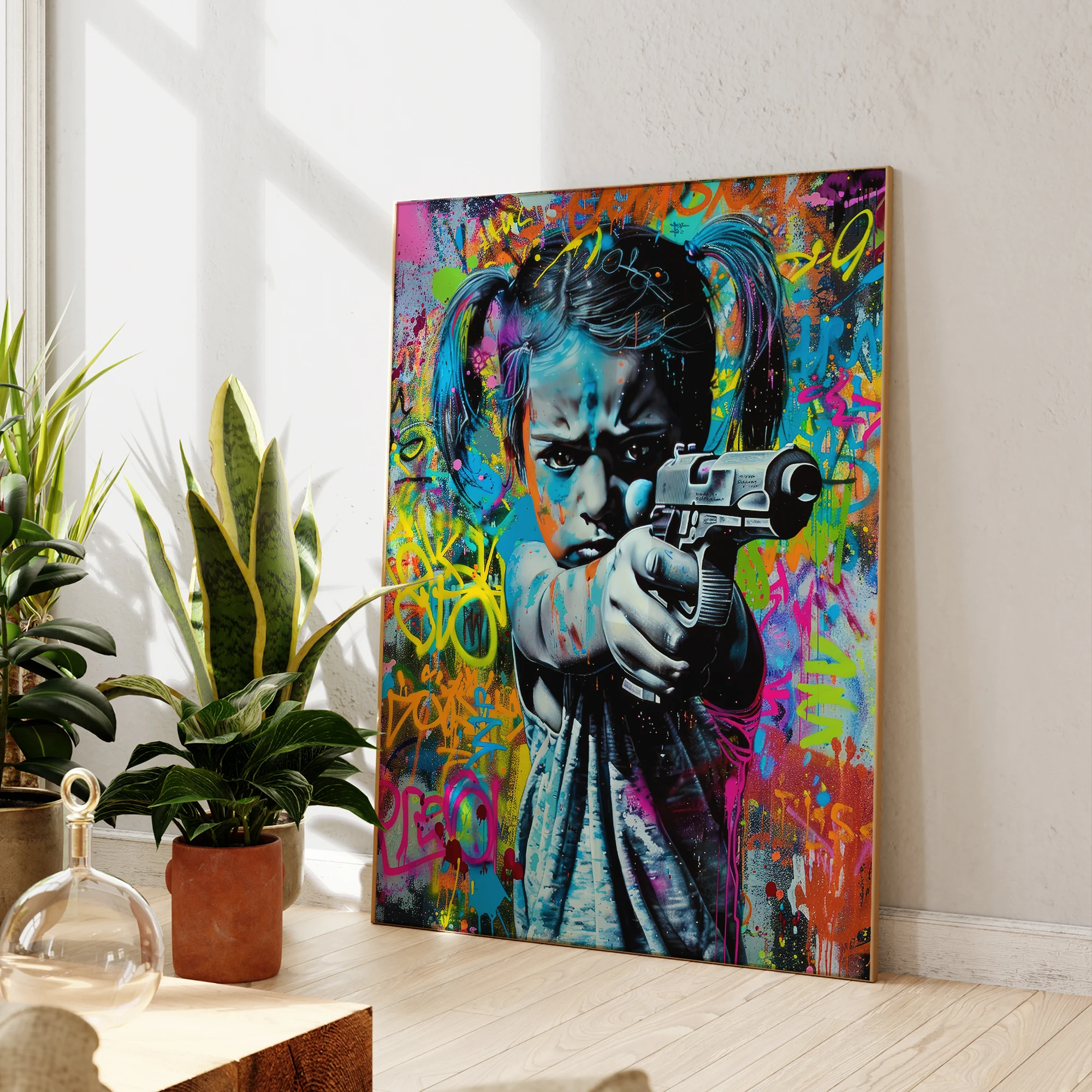 Moderne abstrakte Mädchen mit Pistole Graffiti Zeichnen Wand Kunstdrucke Leinwand Malerei Poster Bild für Wohnzimmer Home Decor