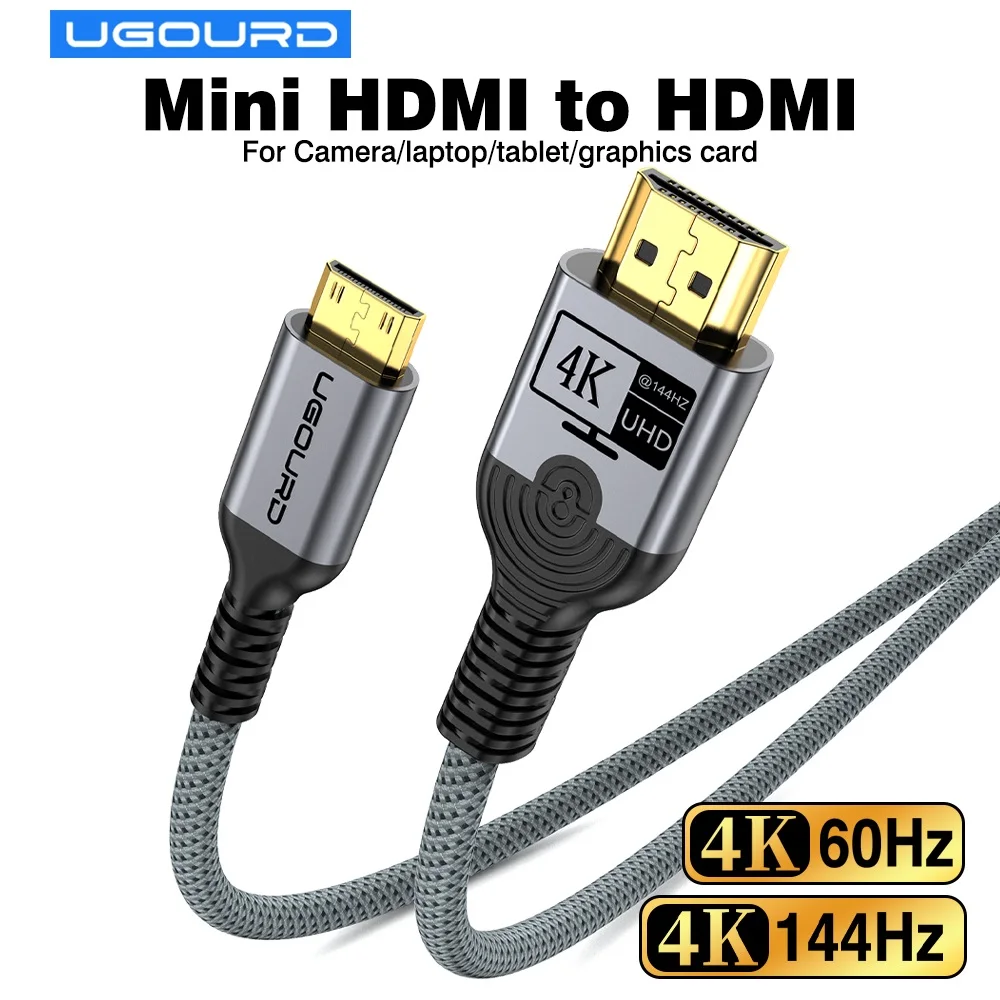 UGOURD 4K144Hz Mini HDMI to HDMI Male to Male Braided Cable 1m 2m  Aluminum Shell Gold Plated Connector 4K 60Hz Cord for Camera