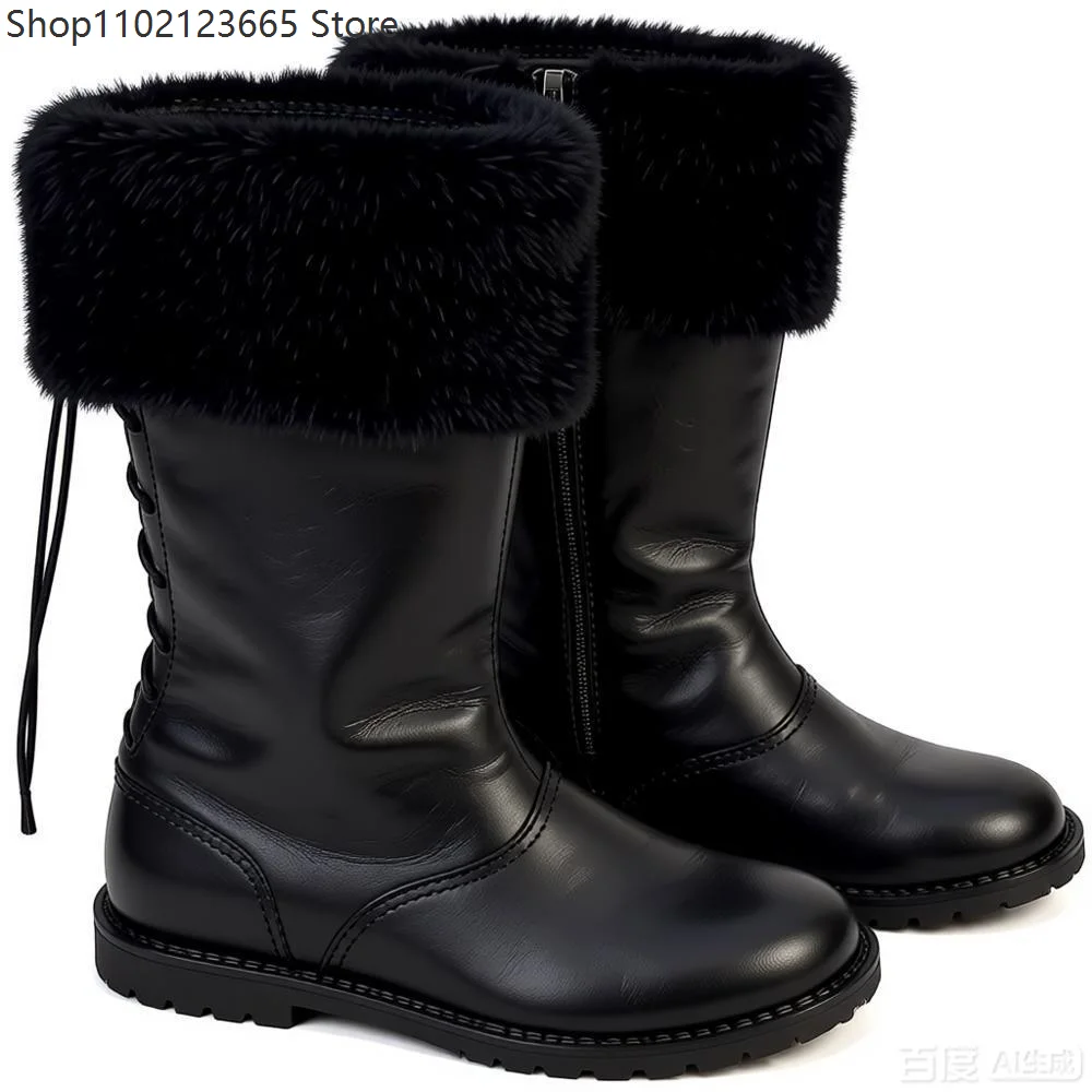 Botas de media pantorrilla de piel sintética para cosplay de Papá Noel para adultos, con cremallera lateral y cordones traseros, calzado navideño para desfiles y juegos de rol