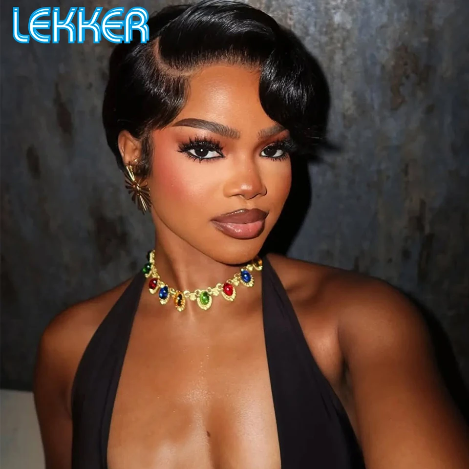 Lekker Natural Black Short Pixie Cut Bob Side Part Lace Front 100% Human Hair Wigs For Women Brazilian Remy Hair Glueless Wigs