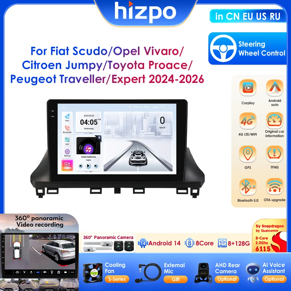 HIZPO Android 14 Carplay Autoradio für Fiat Scudo/Opel Vivaro/Citroen Jumpy/Toyota Proace/Peugeot Traveller/Expert 2024-2026