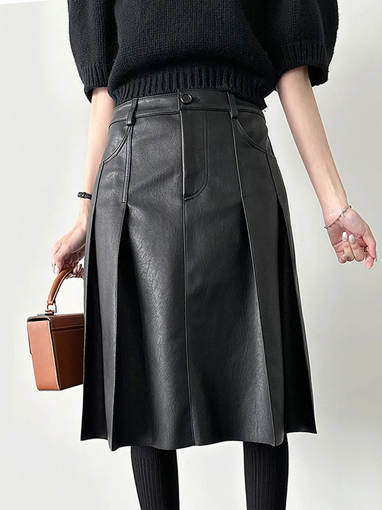 Jupe rétro en cuir PU taille haute avec Double kets, jupe décontractée Bla f-longue pour femmes, pliable et polyvalente