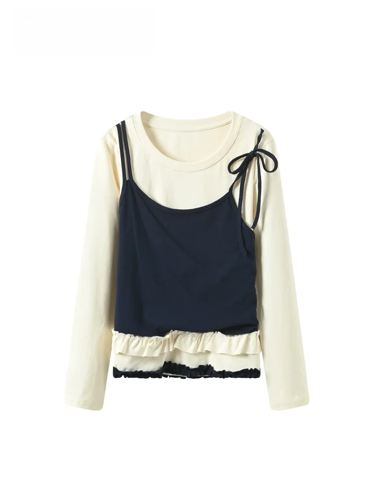 

Faionable plus Size Long Sve round Ne T-irt Women Spring Slimming Sli Fake Two-Piece Top Trendy Cotton Blend