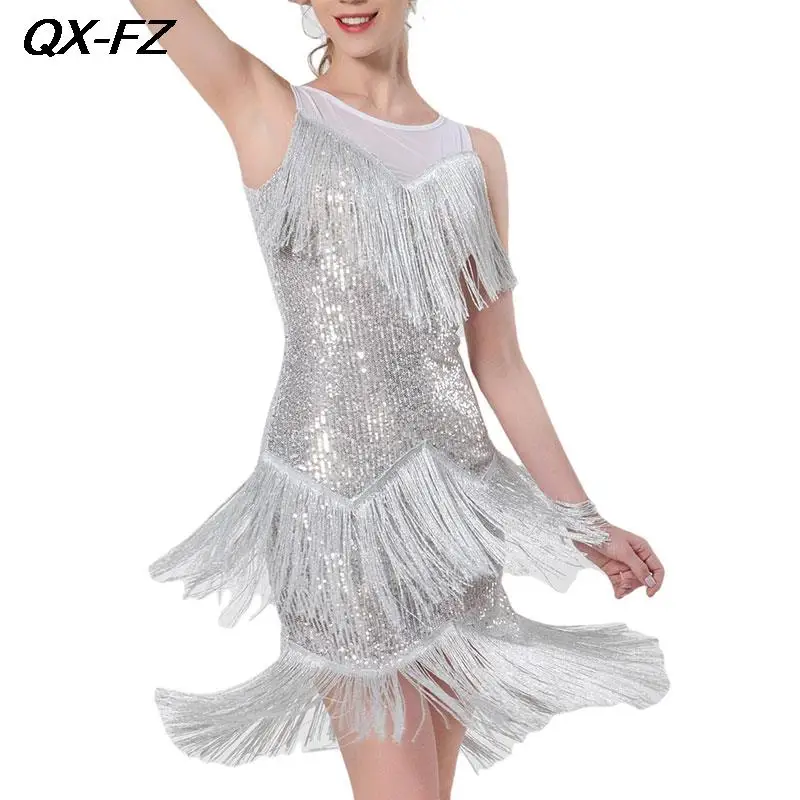 Ladies Shiny Tassel Latin Dance Dress Rumba Cha Tango Samba Stage Performance Costumes Women Sequins Fringe Elegant Long Skirt