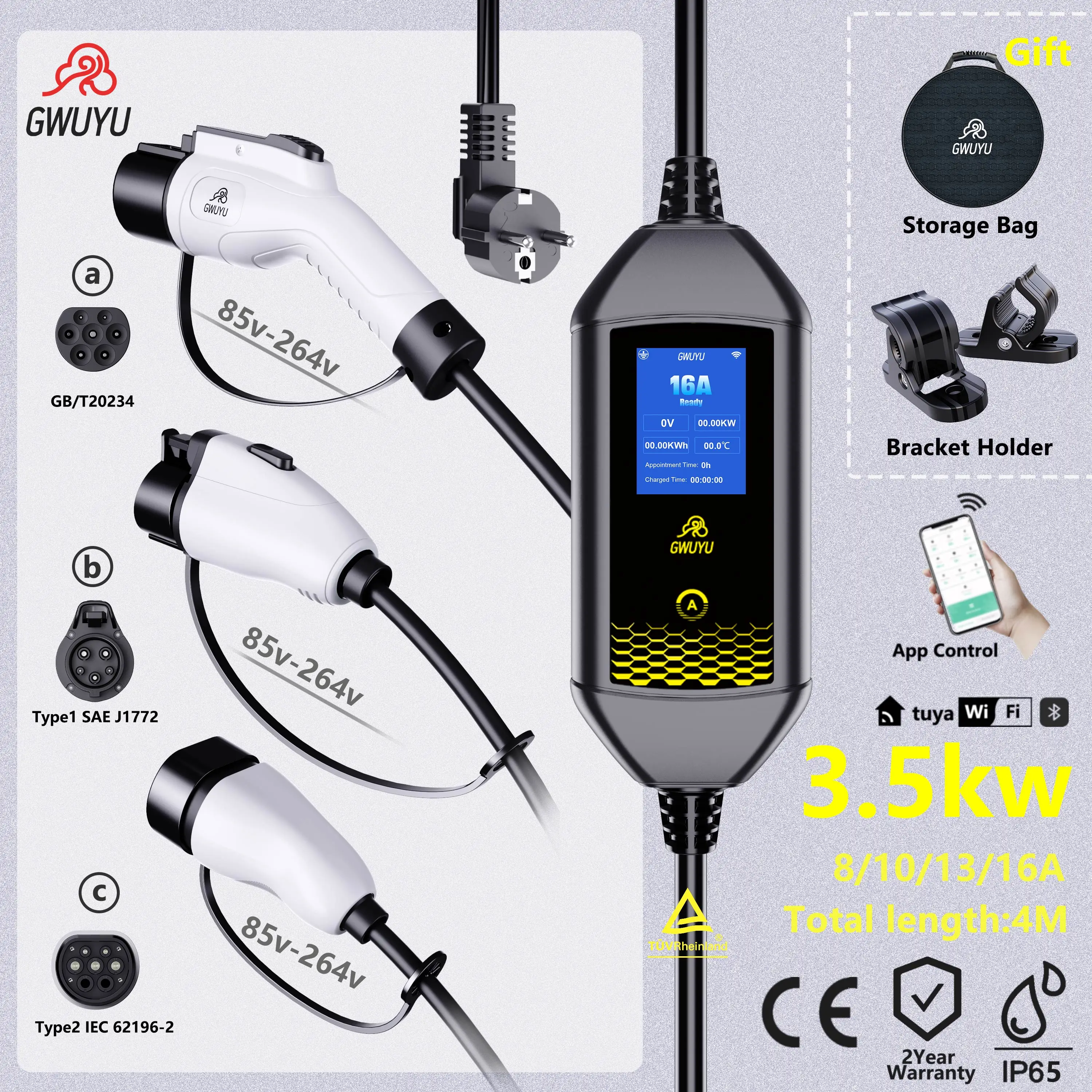 

GWUYU EV Portable Charger GBT/Type2 Plug 16A 1Phase 3.5KW Type1 4m Wallbox Charging Station for EVSE WiFi Bluetooth APP Control