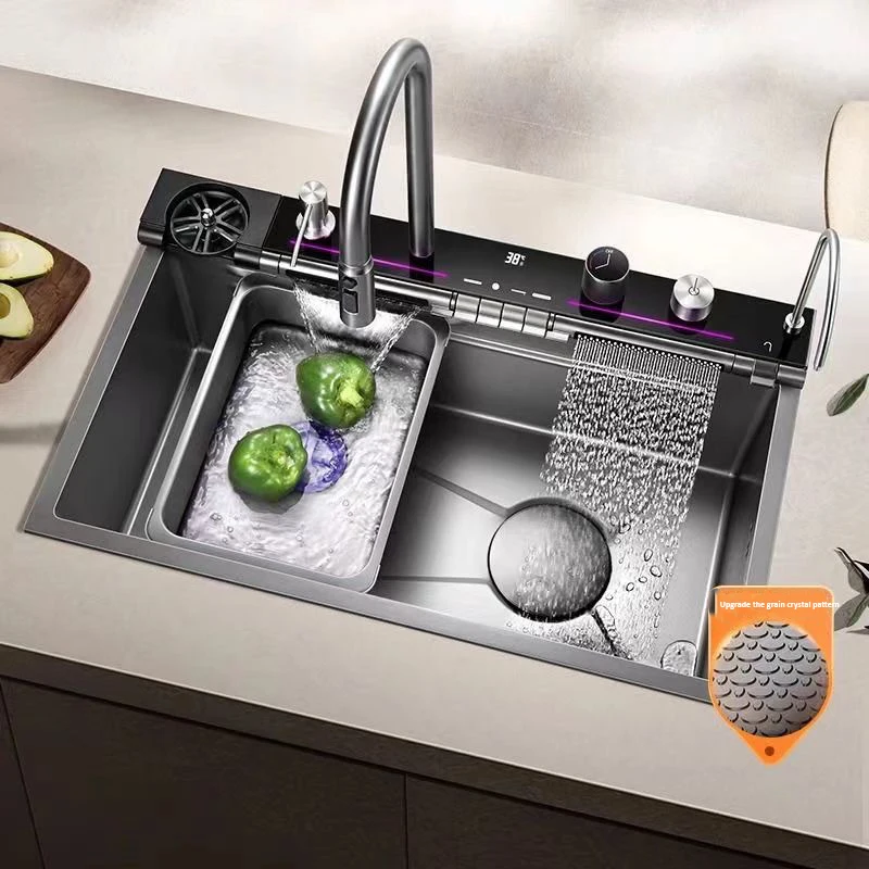 

Многофункциональная кухонная мойка Blue Whale Arowana, одна чаша, нано-черный сотовый светодиодный цифровой дисплей из нержавеющей стали для дома