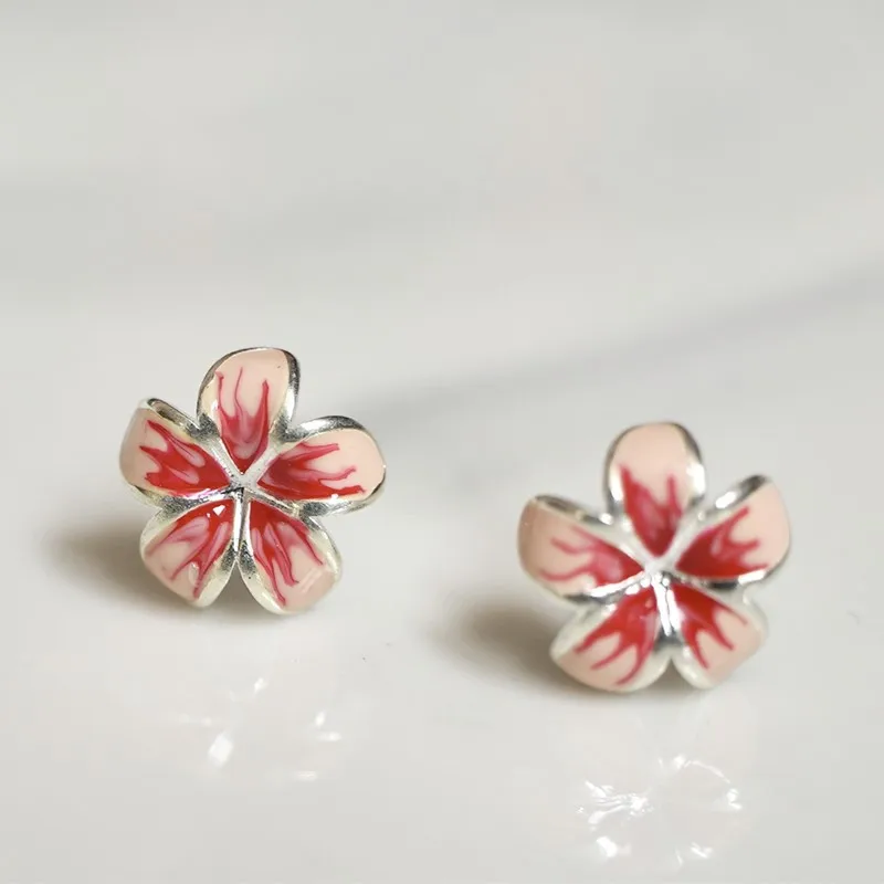 Uini-Tail Hot Sweet Red Cherry Blossom Stud Earrings 925 Tibetan silver Earrings Glazed Romantic Flowers New Small Fresh ED163