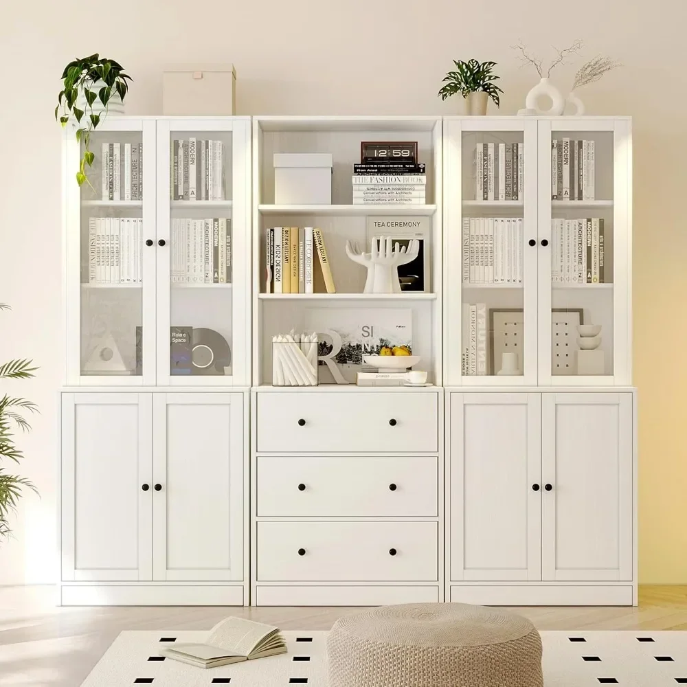 

71" Bookshelf Bookcase,3-Tier Modern Bookshelves 3 Large Drawer,with Open Storage Shelf,Glass Doors 5-Tier Fixed Storage Shelves