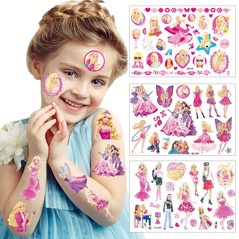 Autocollants de tatouage pour enfants Barbie, décoration de fête d'anniversaire, dessin animé Barbie, mignon, imperméable, art corporel, faux tatouage, 1-5 pièces