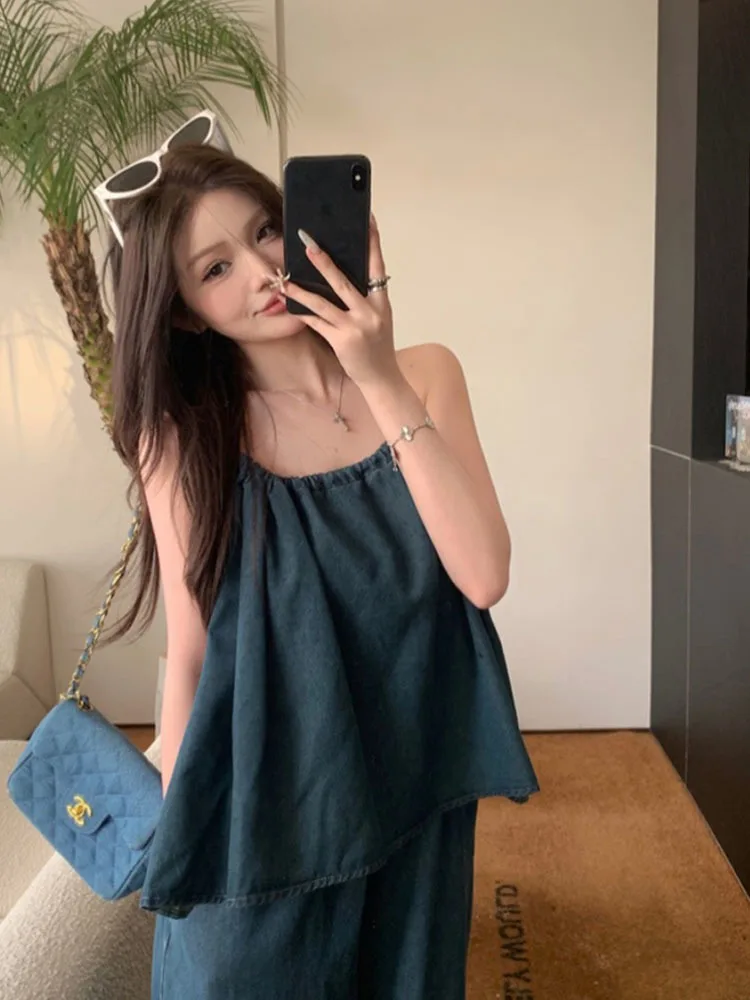 Vacation Style Vest Denim Top Loose Casual Wide Leg Pants Fashion Vintage Two-piece Set Women 2024 New Spring Summer