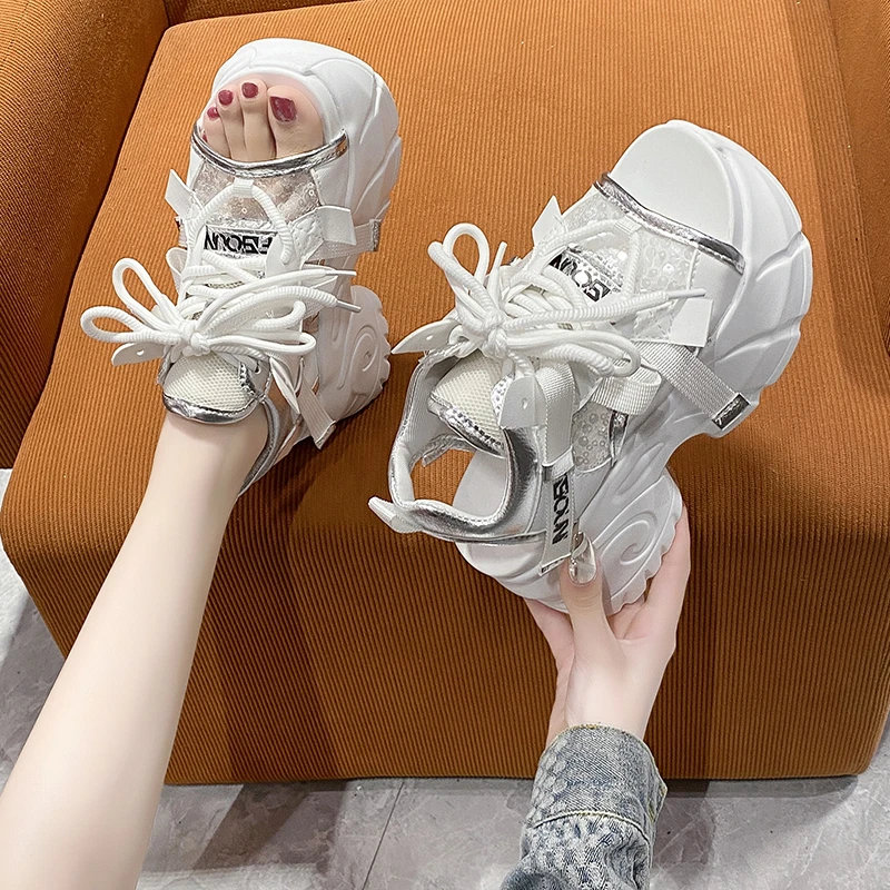 New Summer Women Leather Chunky Sandals High Platform Trainers Breathable Casual Slippers Shoes Woman 8.5CM Heels Wedge Sneakers