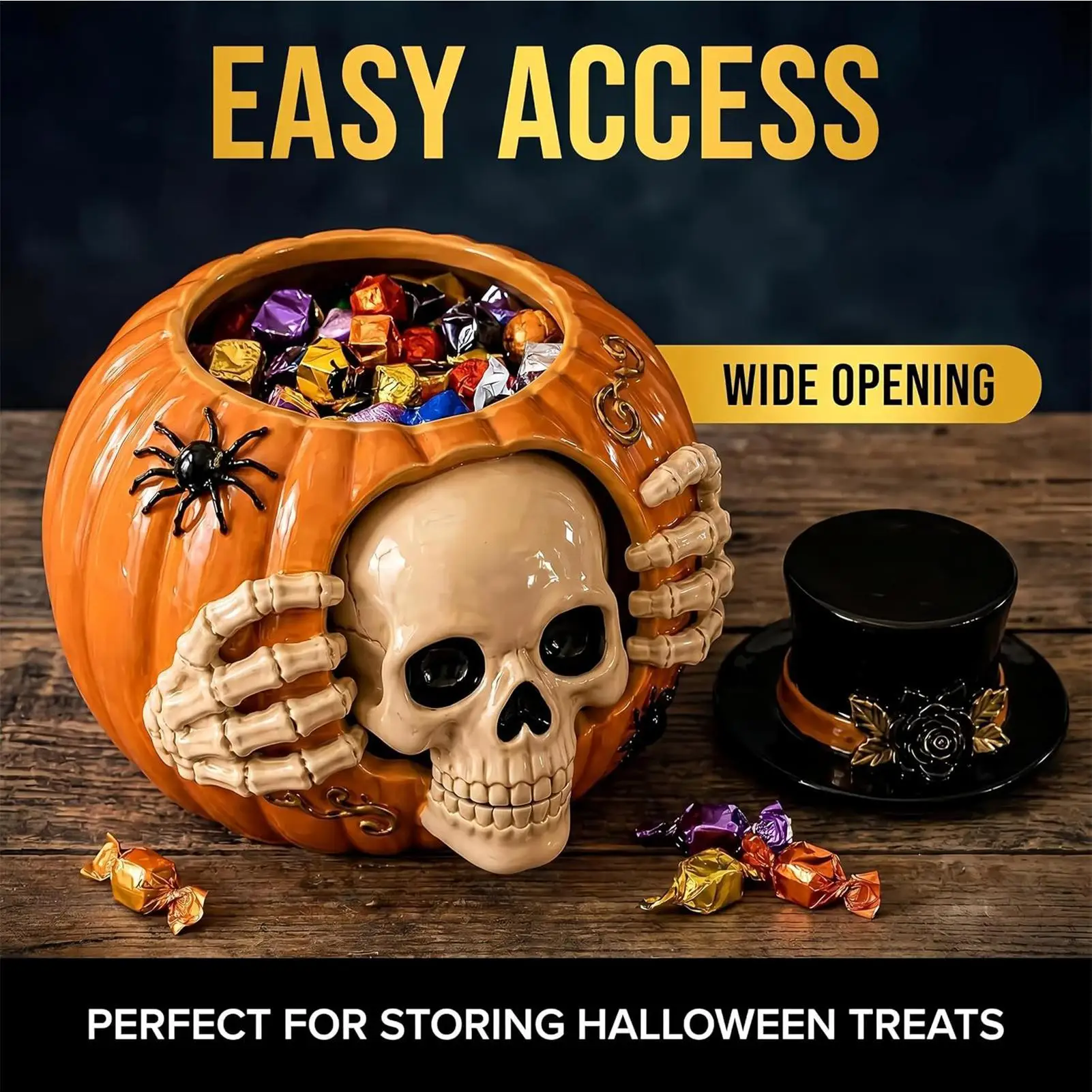 Skeleton Pumpkin Candy Jar Skull Pumpkin Dining Table Decoration Resin Gothic Skeleton Pumpkin Bowl Halloween Cookie Jar