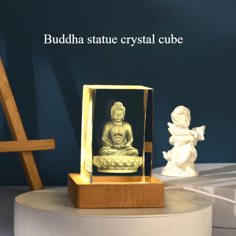 Buddha Statue Cube Crystal Ornament with Wooden Base and Festival Prayer of Our Lady Jesus Crystal Ornament Angel Cross view 3