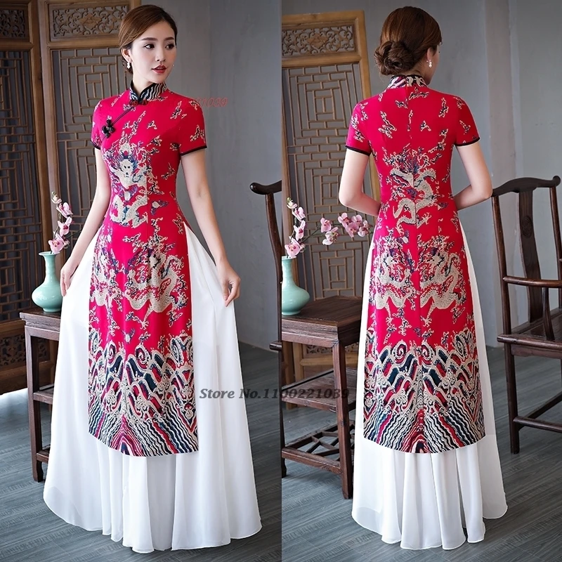 2025 فيتنام أوداي فستان تقليدي صيني محسّن تشيباو التنين الوطني طباعة شيونغسام فستان مأدبة مساء فستان فيستدو