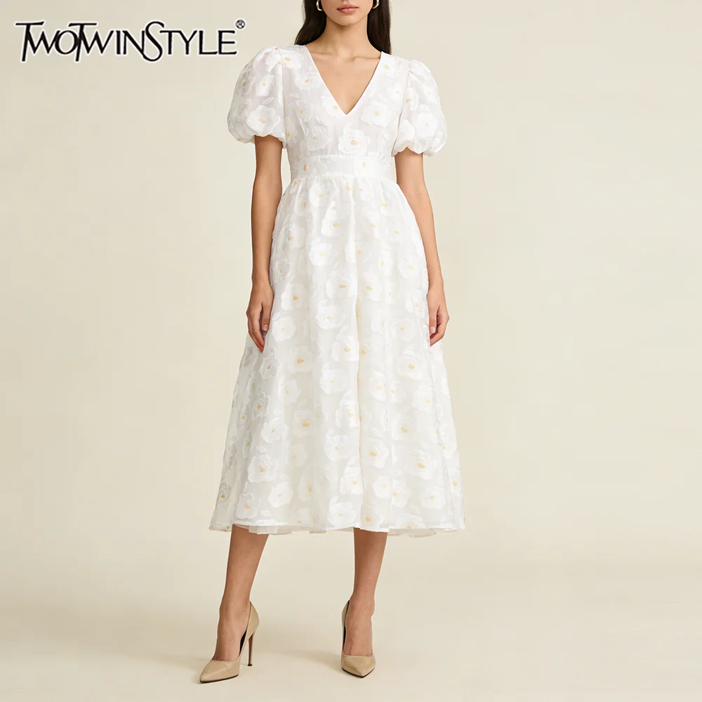TWOTWINSTYLE Art Exhibitions White 3D Floral Midi Dresses for Women V Neck Puff Sleeve Sheer Mesh Flared Skirt for Wedding Guest