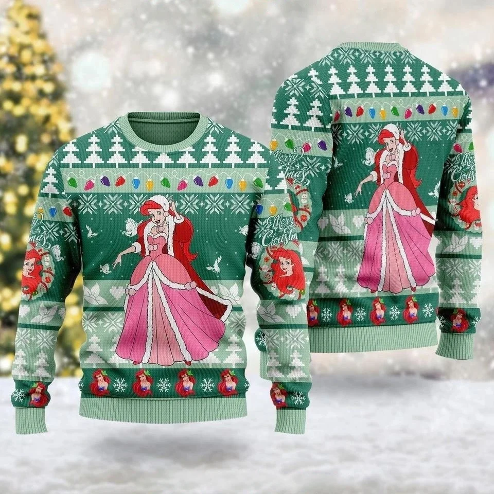 A pequena sereia ariel suéter de natal masculino feminino impressão 3d suéter feio disney moletom casual suéter de natal feio