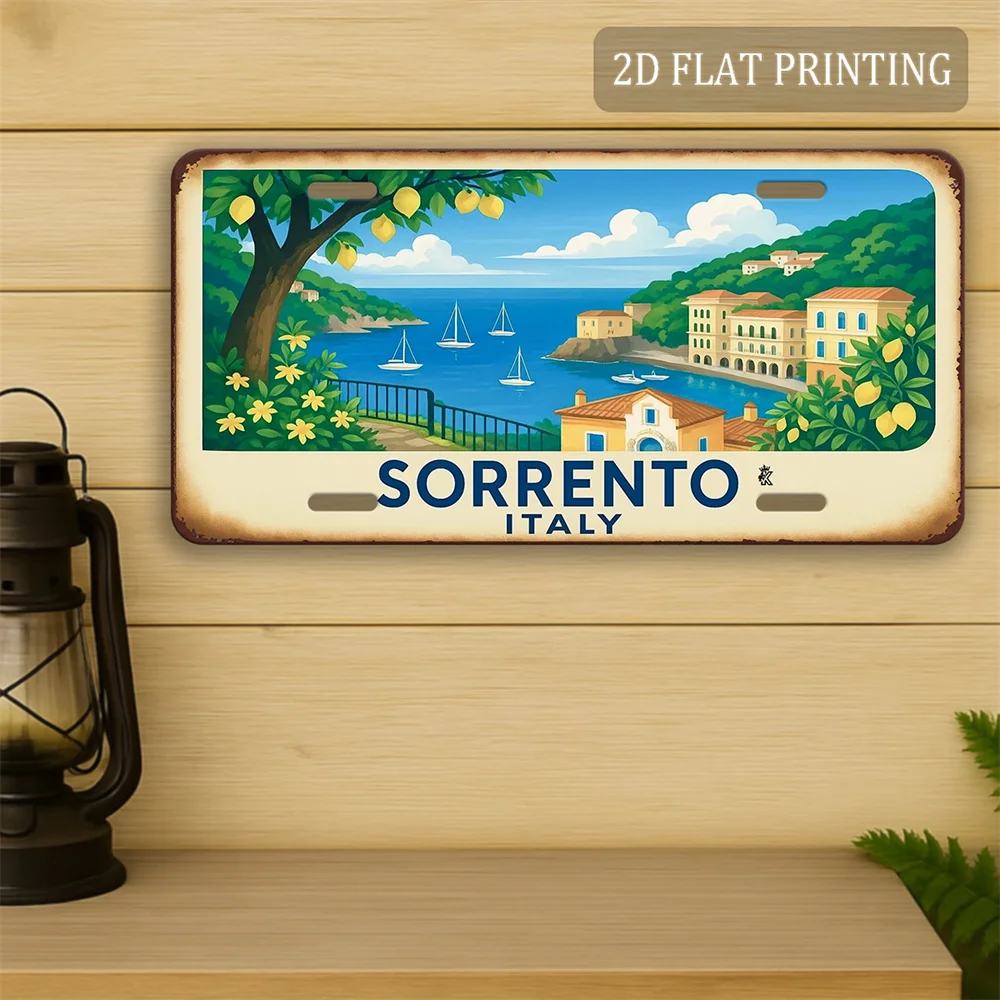 2D Flat, [2D Flat], 1pc, 2D Flat, Sorrento Italy Sign (30.48cm X 15.24cm), Harbor View Illustration Vintage Metal Plate with