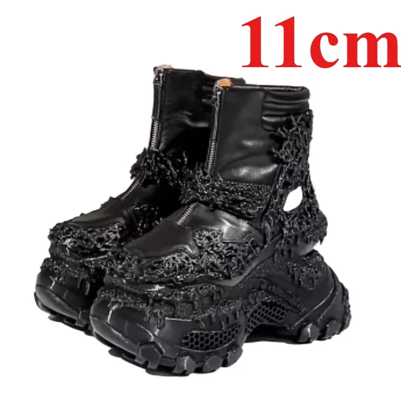 Original Designer 3D Printing Process Thick Soled Boots Shoes For Women's 11cm Elevated Dark Black Style Height Increasing Boots