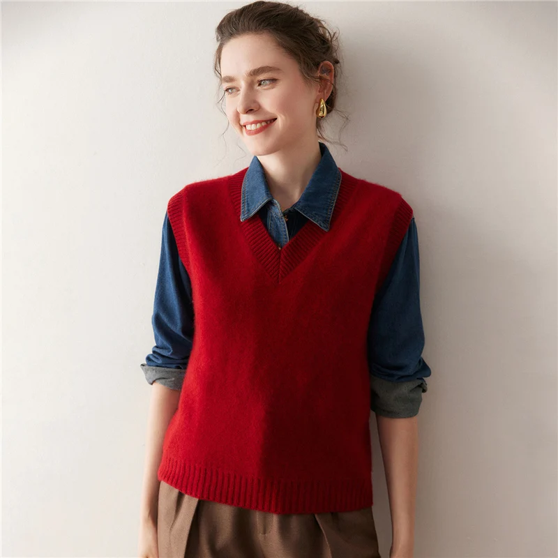 Kamizelka damska jesienno-zimowa, jednolity kolor, 100% kaszmir, sweter, podstawowy sweter bez rękawów, retro, w stylu lazy preppy, bez rękawów.