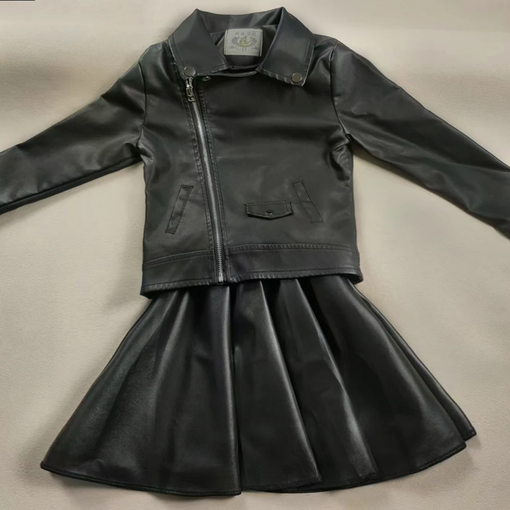 Girls Half Body Skirt Autumn and Winter Fashion Baby Black Leather Skirt Super Cool Princess Skirt Pleated Skirt Pu Short Skirt