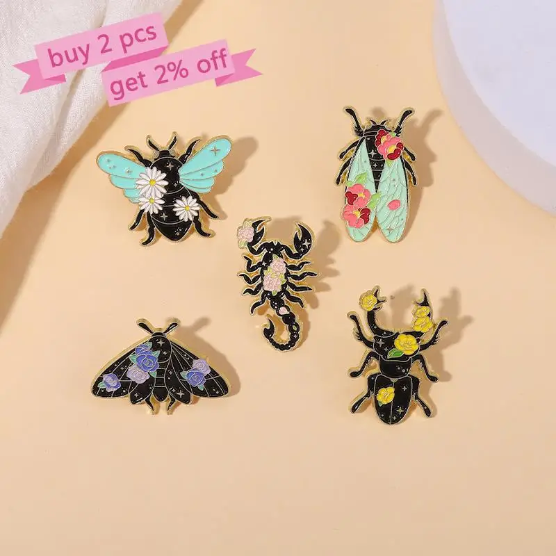 Floral Insects Enamel Pins Custom Nature Moth Cicada Scorpion Brooches Lapel Badges Funny Jewelry Gift for Kids Friends