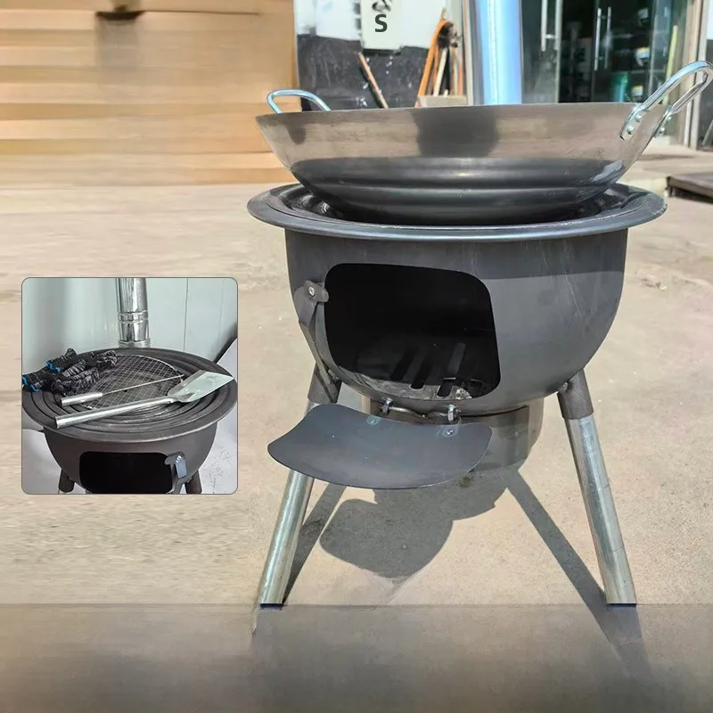 poele-a-bois-d'exterieur-de-style-campagnard-en-fer-utilisation-manuelle-equipement-de-cuisson-pour-camping-et-pique-nique-conception-coupe-vent-sans-allumage
