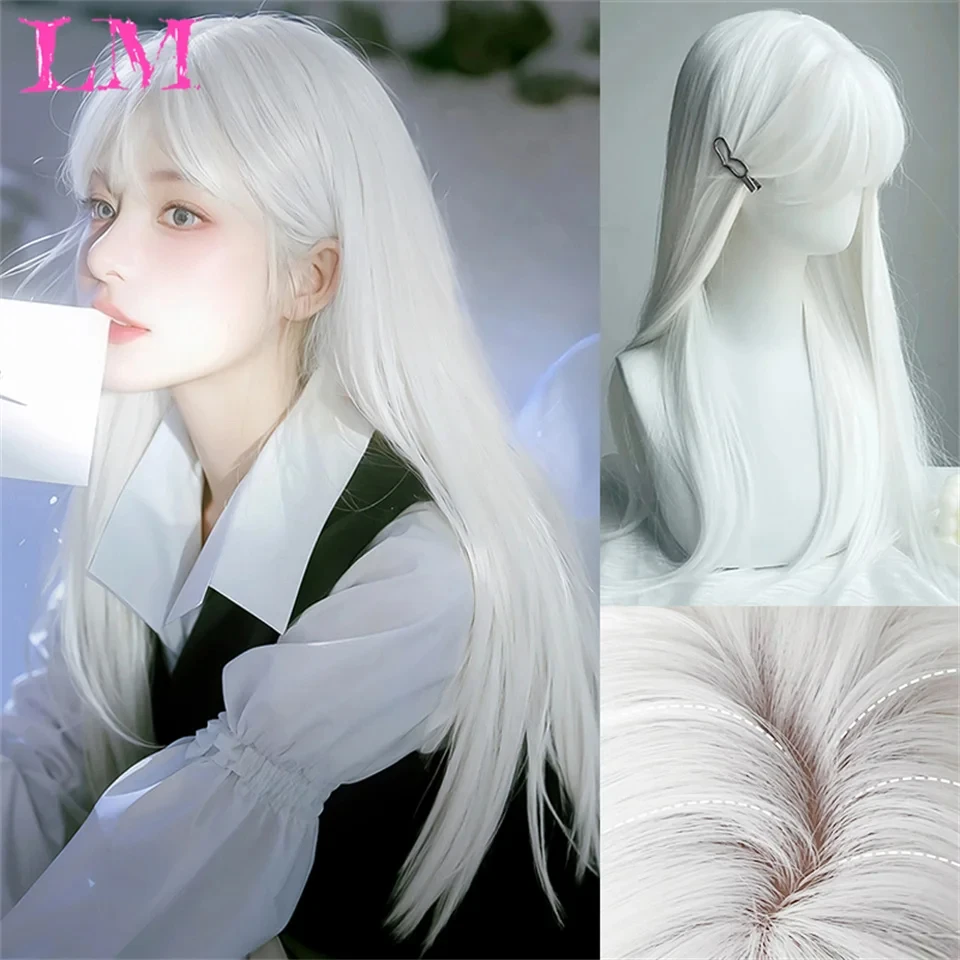 LM Synthetic Black Wig with Long Ponytail Short Straight Wig Lolita Cosplay Party Harajuku Blonde Wig With Bangs for Women