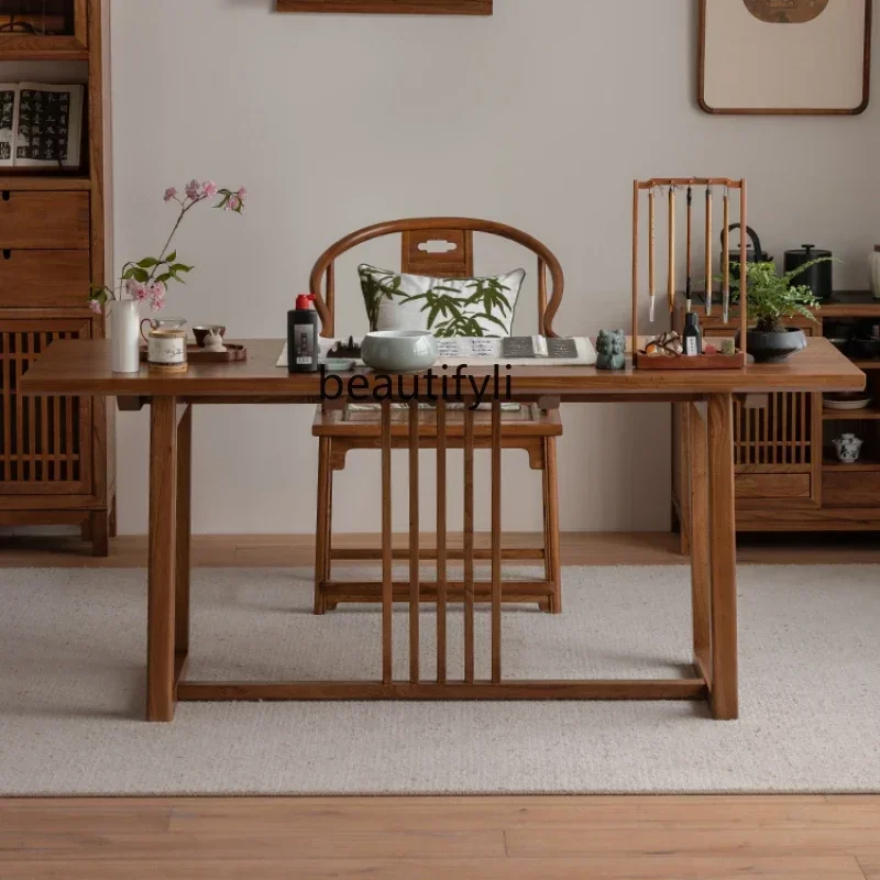 

;XNew Chinese style all solid wood simple modern office long dining table elm calligraphy table